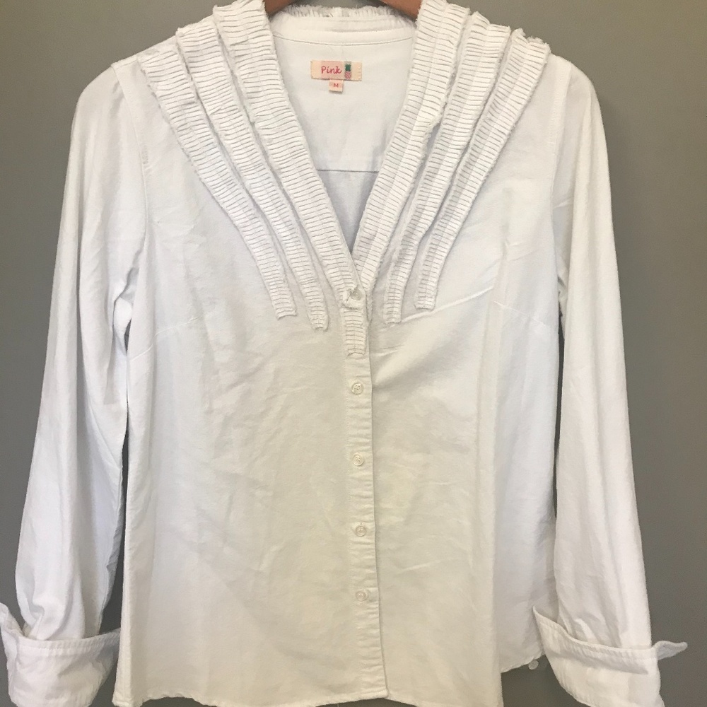 White ruffle button down